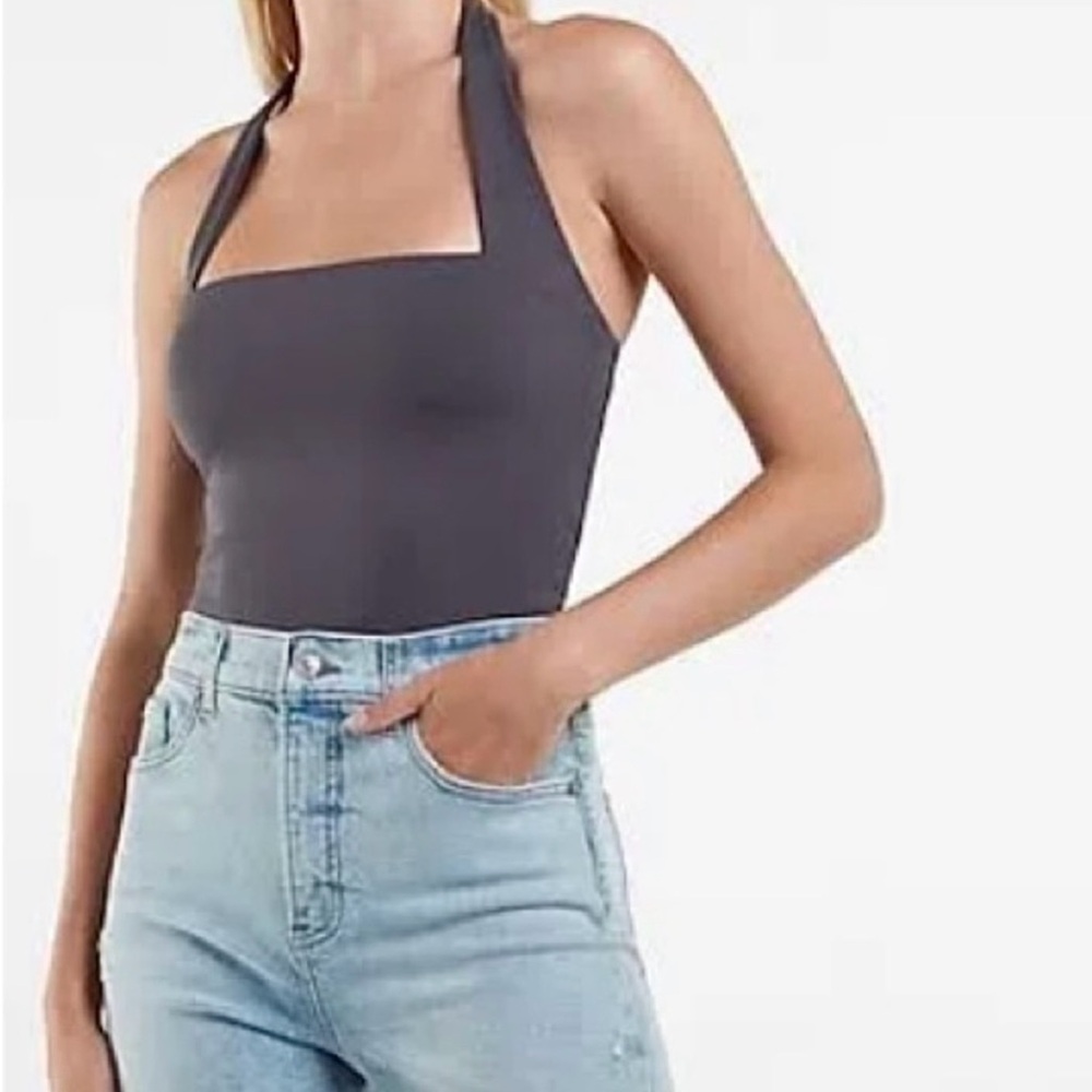 EXPRESS XL Body Contour Double Layer Halter Neck Tank in dark gray